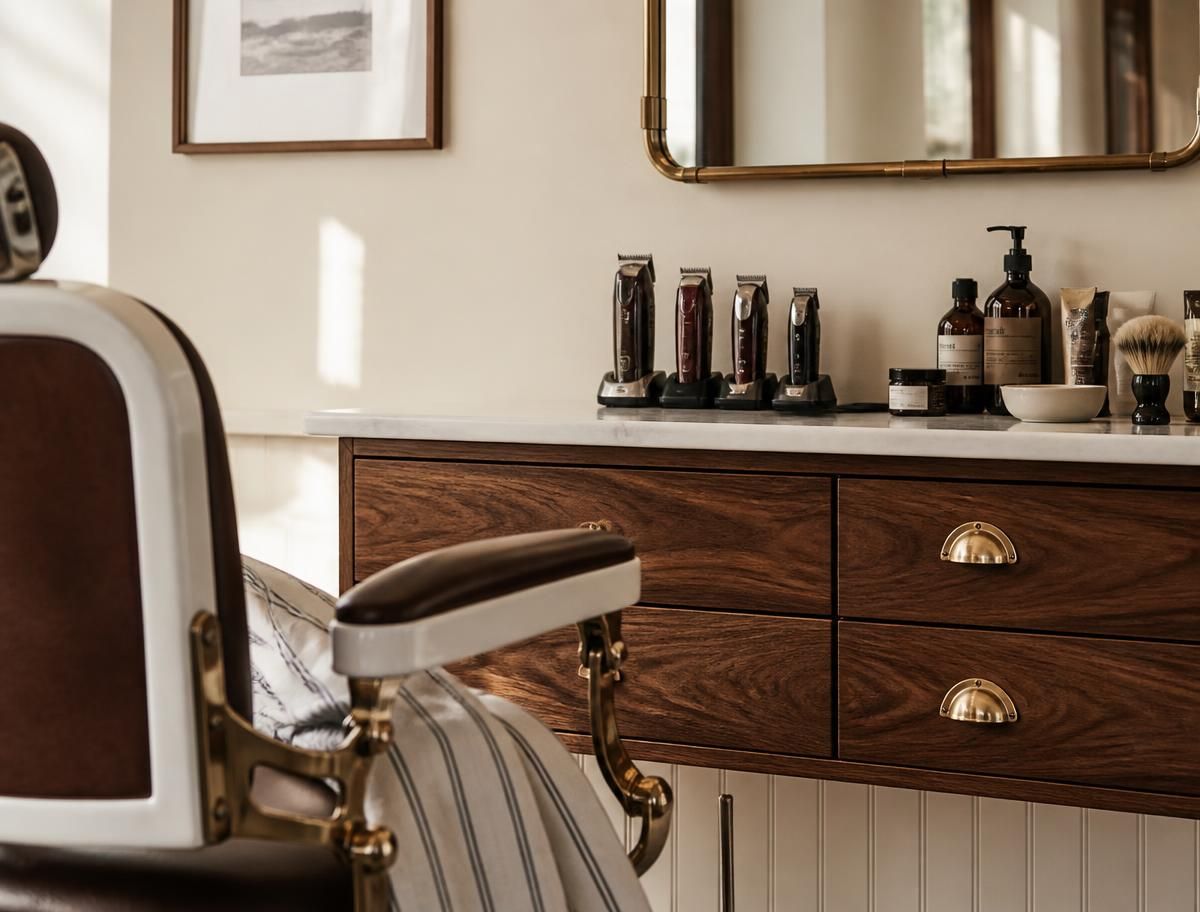 Barbershop station with clippers, brass fittings and walnut cabinetry